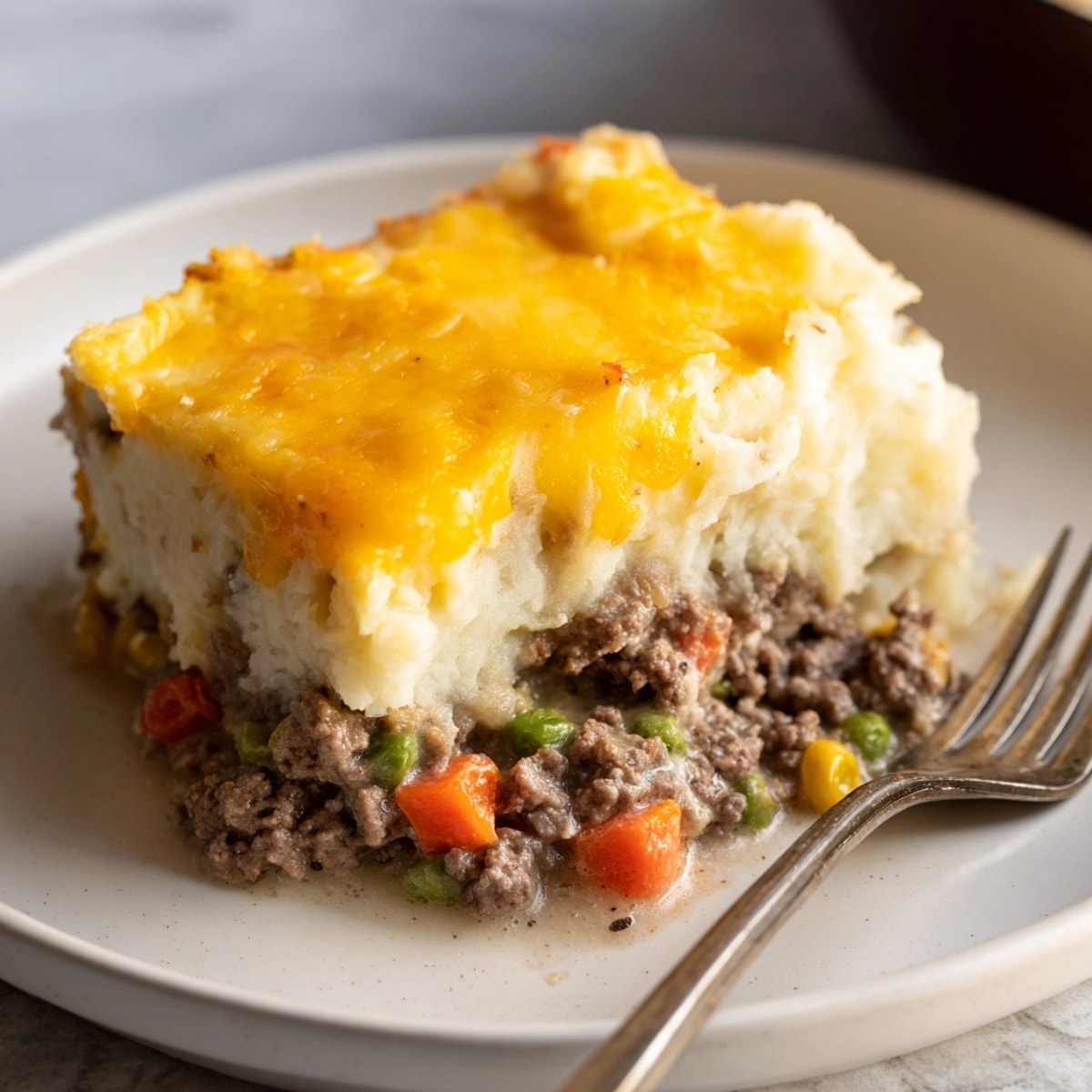 Golden bubbling Rustic Shepherds Pie with Cheesy Potato Topping ready for a warm family meal.