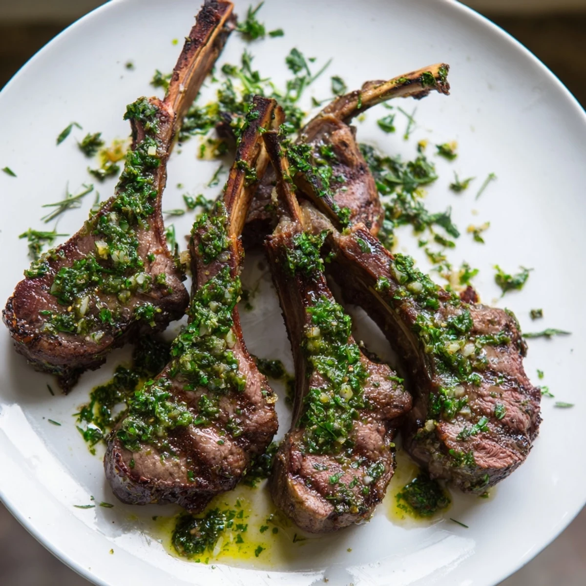 Golden-brown, pan-seared lamb chops glistening with olive oil, ready to enjoy with mint sauce.