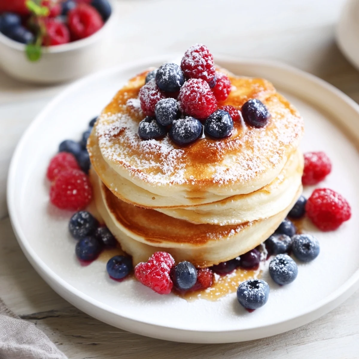 Golden-brown and fluffy ricotta pancakes, perfect stack with fresh berries and maple syrup drizzled on top.