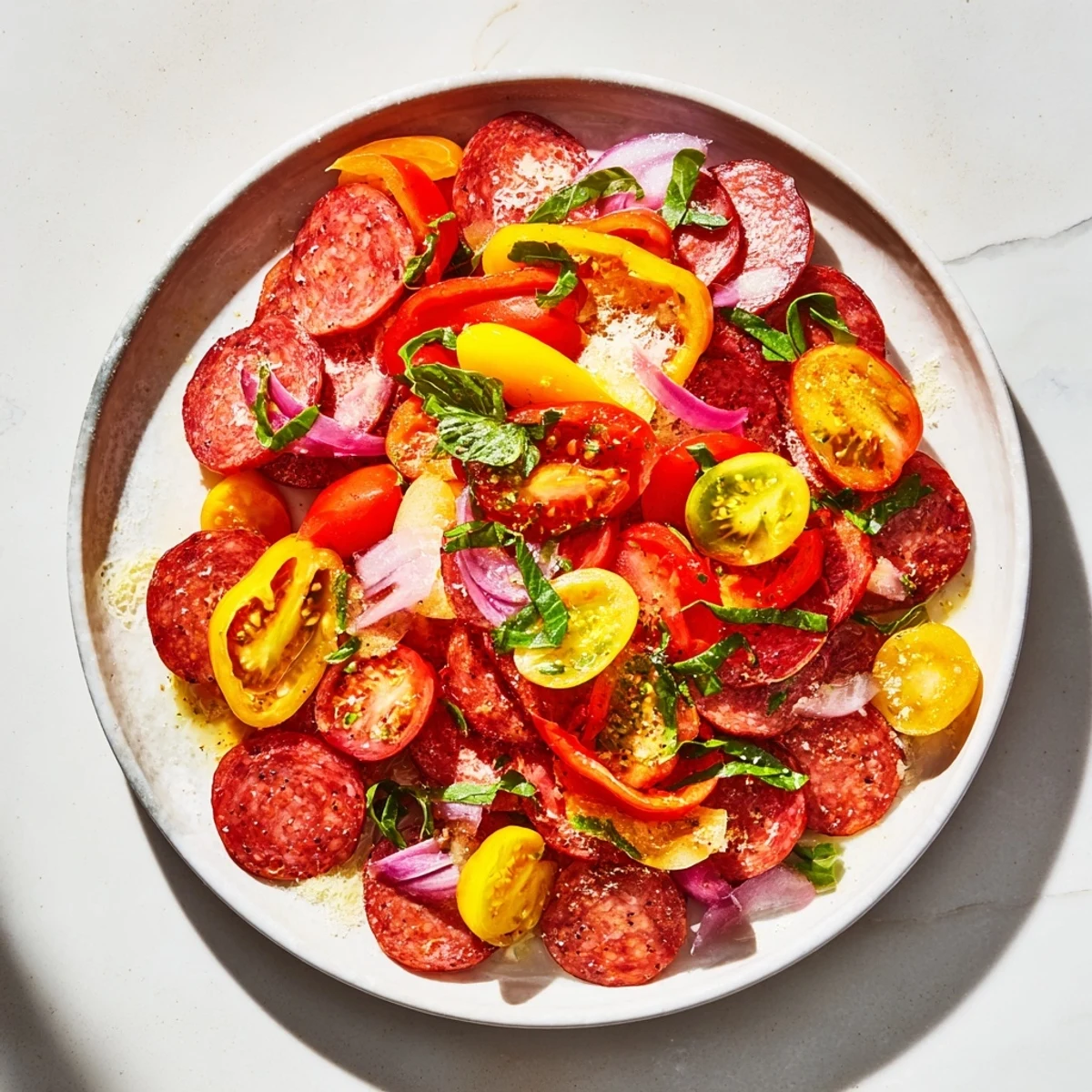 Golden, sizzling Basil-Boosted Sausage and Pepper Skillet Supper, bursting with fresh basil and Italian sausage flavor.