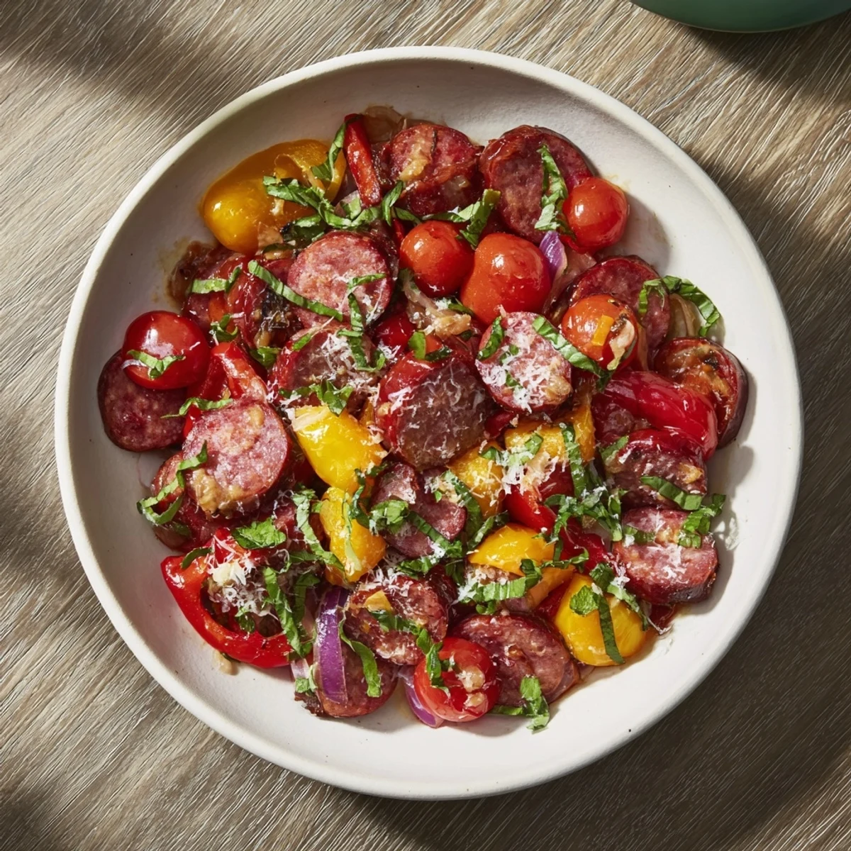 A delicious, one-pan Basil-Boosted Sausage and Pepper Skillet Supper showcasing vibrant peppers, perfect for serving.