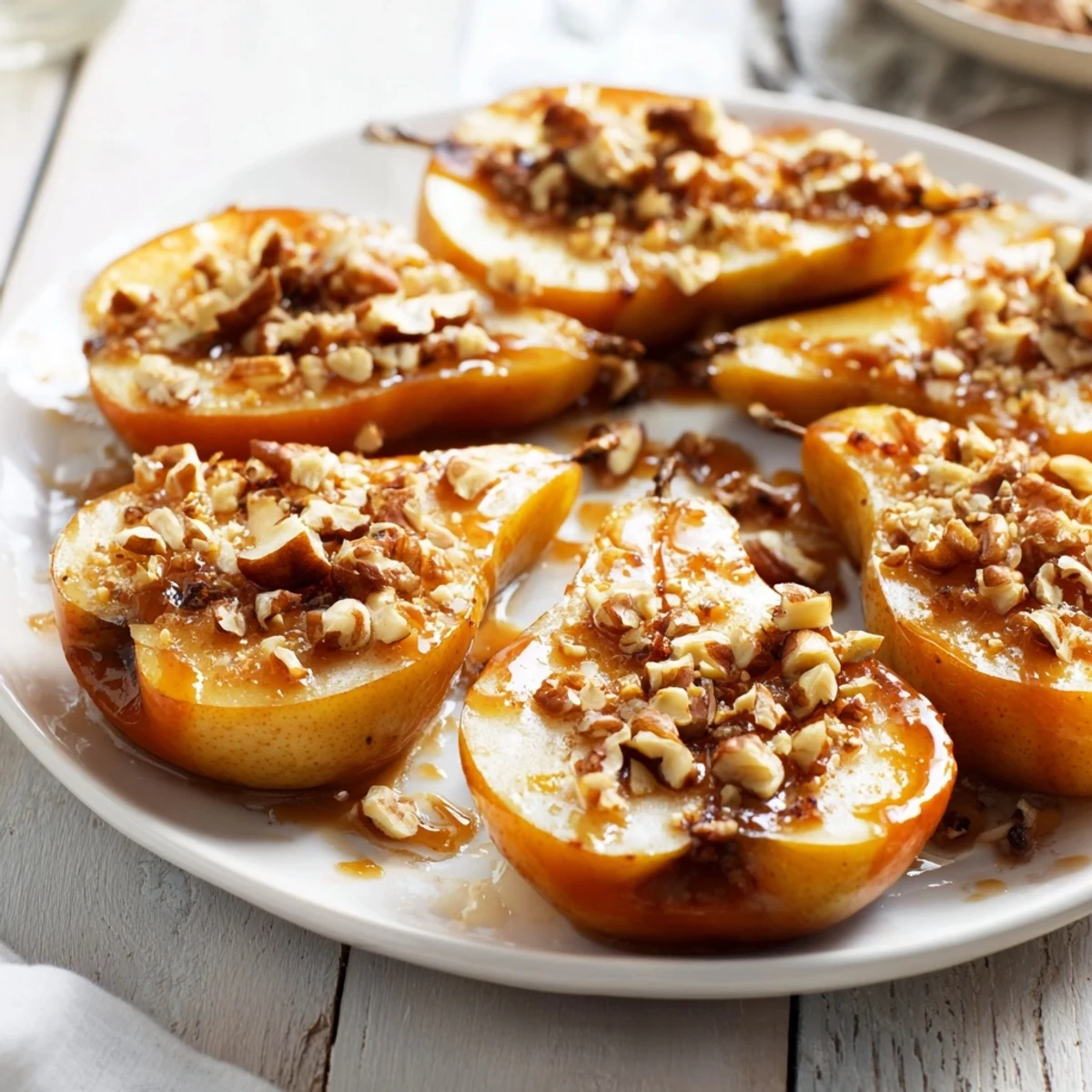 Golden, baked Maple-Warm Cozy Plate, featuring tender pears glistening with maple syrup and nuts.