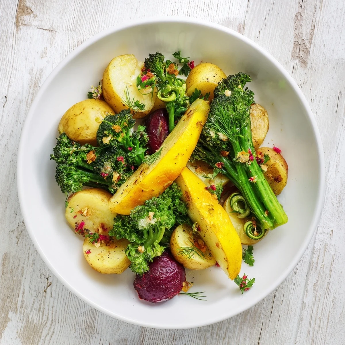 A colorful, inviting photo shows the finished Light Herb & Fern-Inspired Roasted Vegetable Platter, ready to serve alongside dinner.