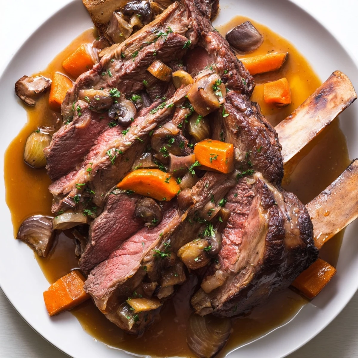 Close-up of One-Pot Amber-Glowed Beer-Braised Short Ribs, a flavorful American dish, served with crusty bread.
