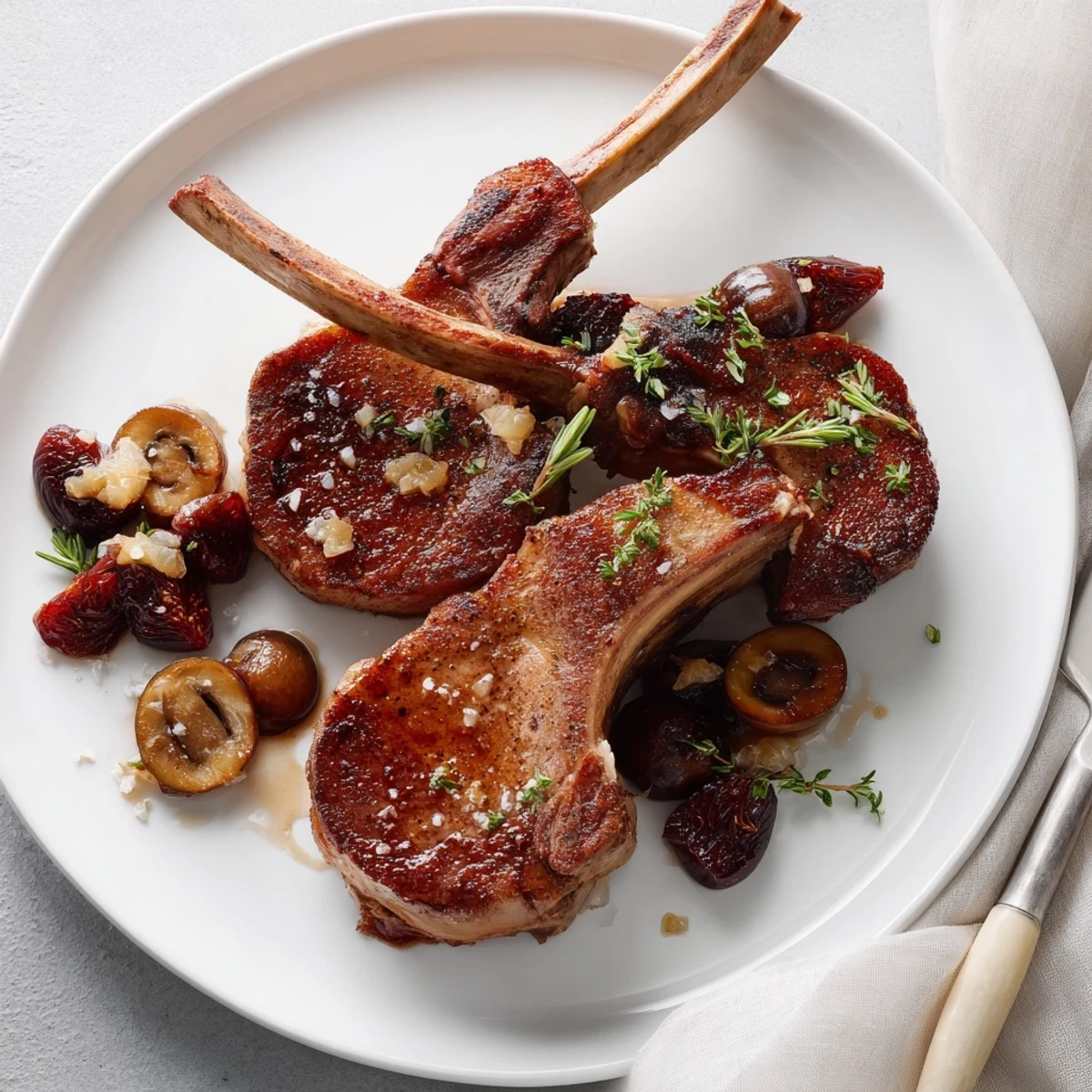 A close-up view of tender Plum-Soft Pork Chops alongside vibrant plums, with a savory, glossy glaze.