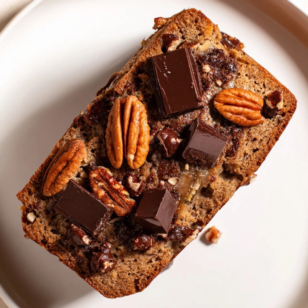 Warm, rustic slice of Chocolate Chip Banana Bread, studded with gooey chocolate chips.