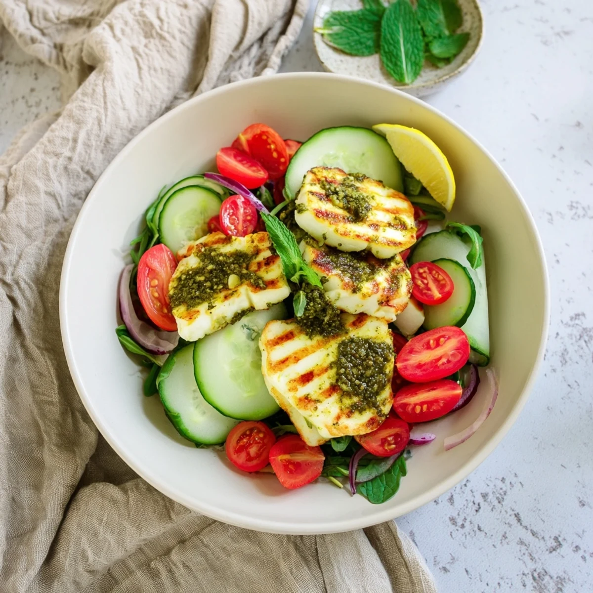 Golden grilled halloumi and pesto plate, showcasing the creamy cheese atop fresh, colorful summer vegetables.