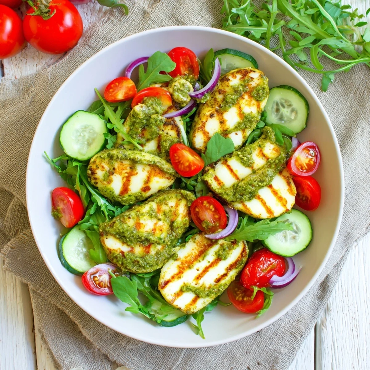 Mediterranean-inspired grilled halloumi with basil pesto, offering a taste of sunshine on a plate, ready to enjoy.