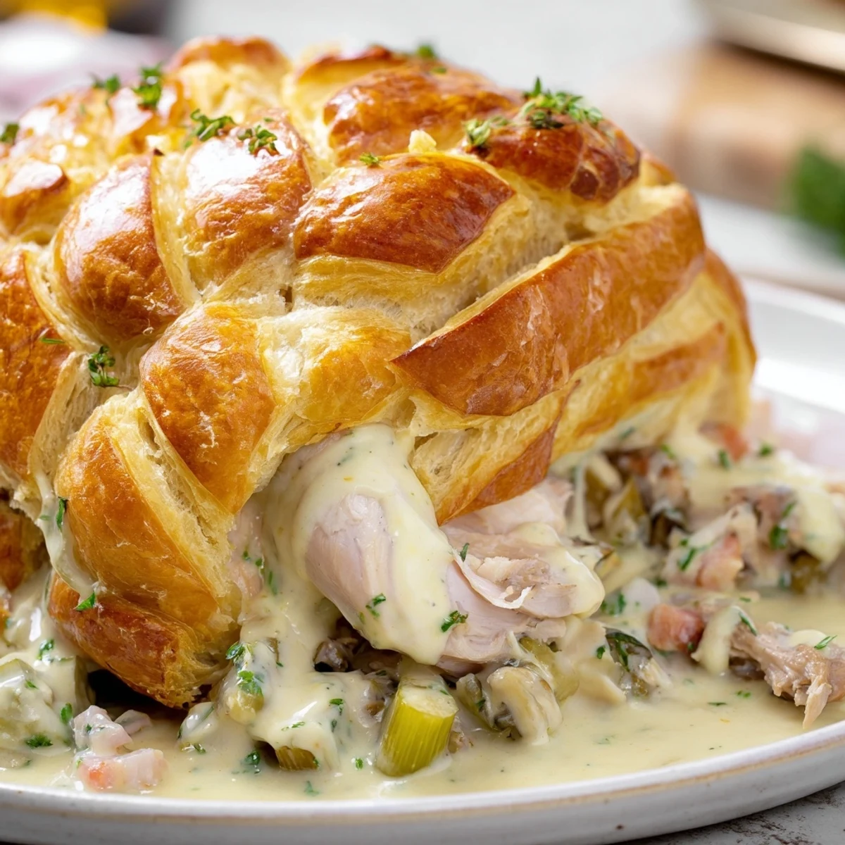 Golden-crusted Laurel & Herb Chicken Pot Pie, bubbling with savory filling, is perfect comfort food.