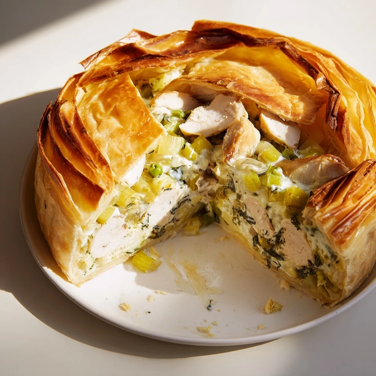 A close-up view of the rich Laurel & Herb Chicken Pot Pie, steam rising from its flaky crust.