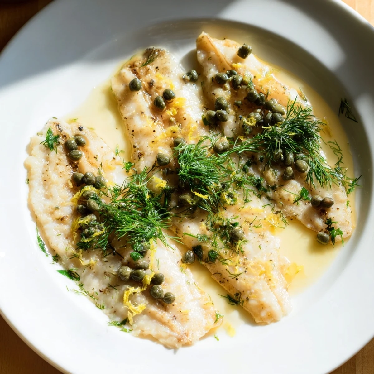Tender, flaky lemon-herb tilapia, pictured with capers and fresh parsley, ready to eat.