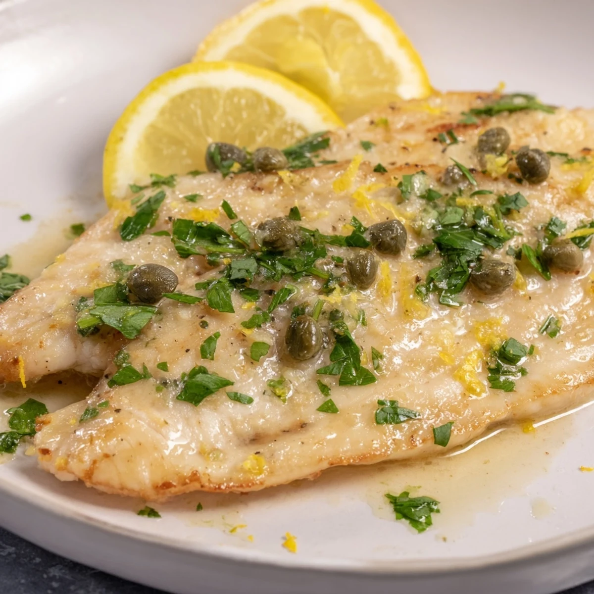 A close-up of the flavorful Simple Fork-Friendly Lemon-Herb Tilapia, perfectly cooked with a golden crust.