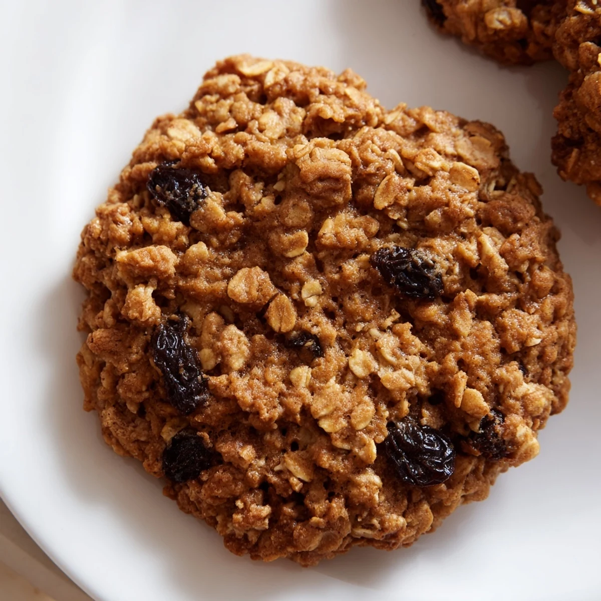 Warm, chewy oatmeal raisin cookies, golden brown and ready to eat, perfect for dessert.