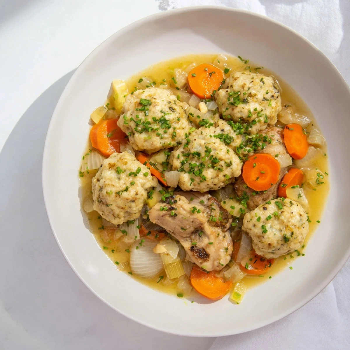 Golden-brown chicken pieces swim in the rich broth of these Nut-Warm Homestyle Chicken and Dumplings.