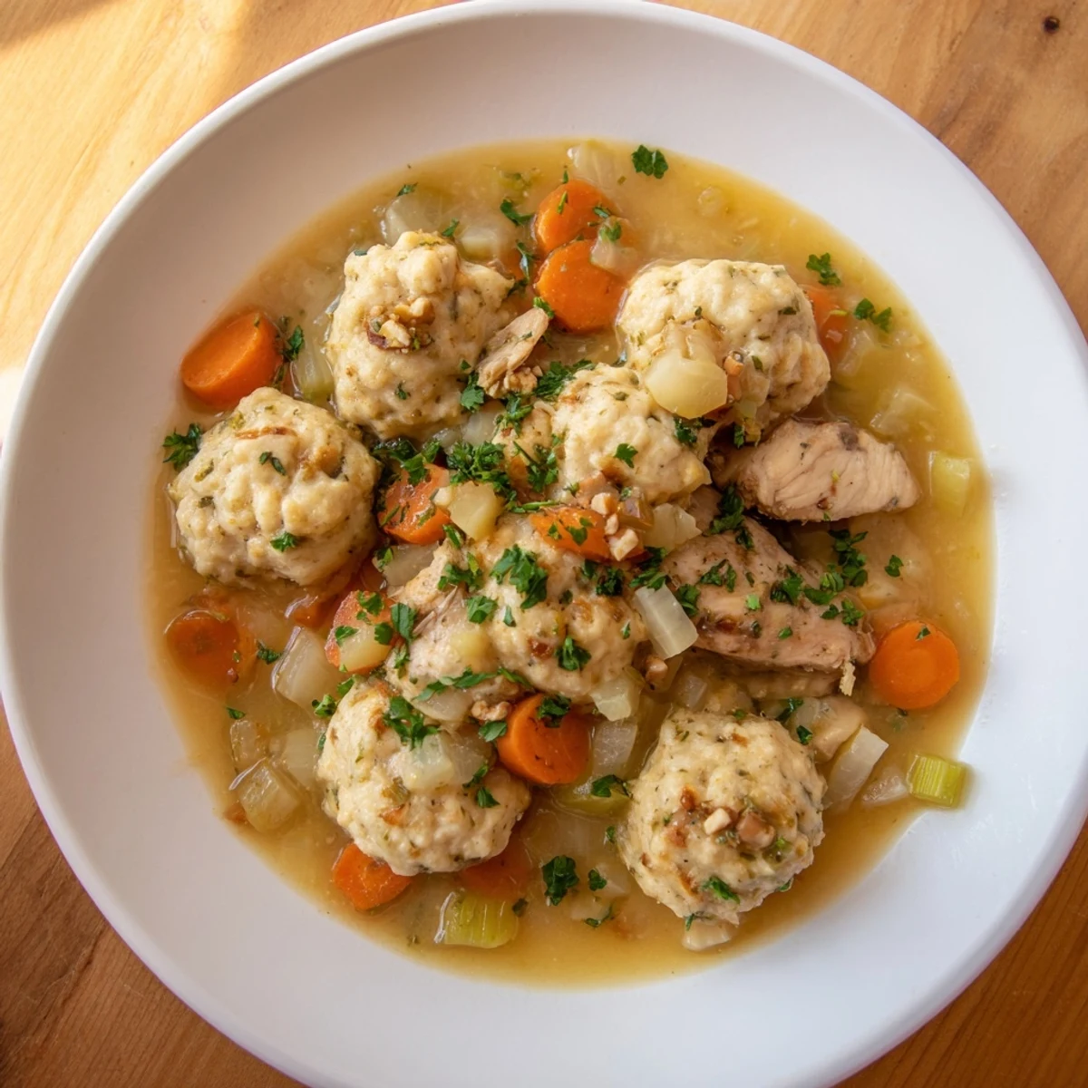 Imagine savoring the comforting warmth from this bowl of homemade Nut-Warm Homestyle Chicken and Dumplings.