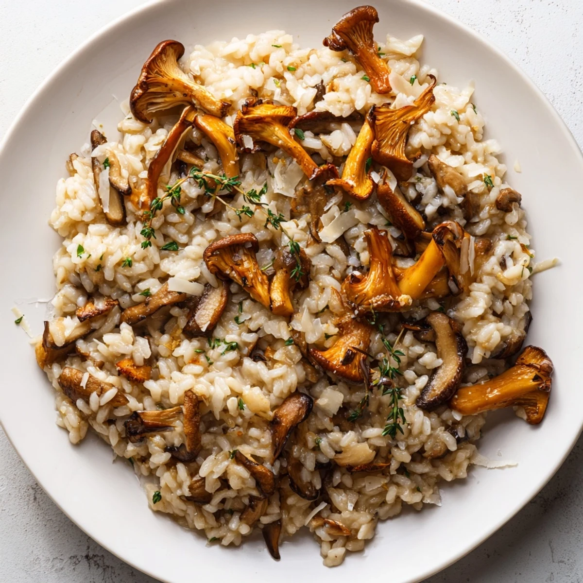 Enjoy a spoonful of flavorful and comforting Cedar-Warm Mushroom and Thyme Risotto, garnished with fresh thyme.