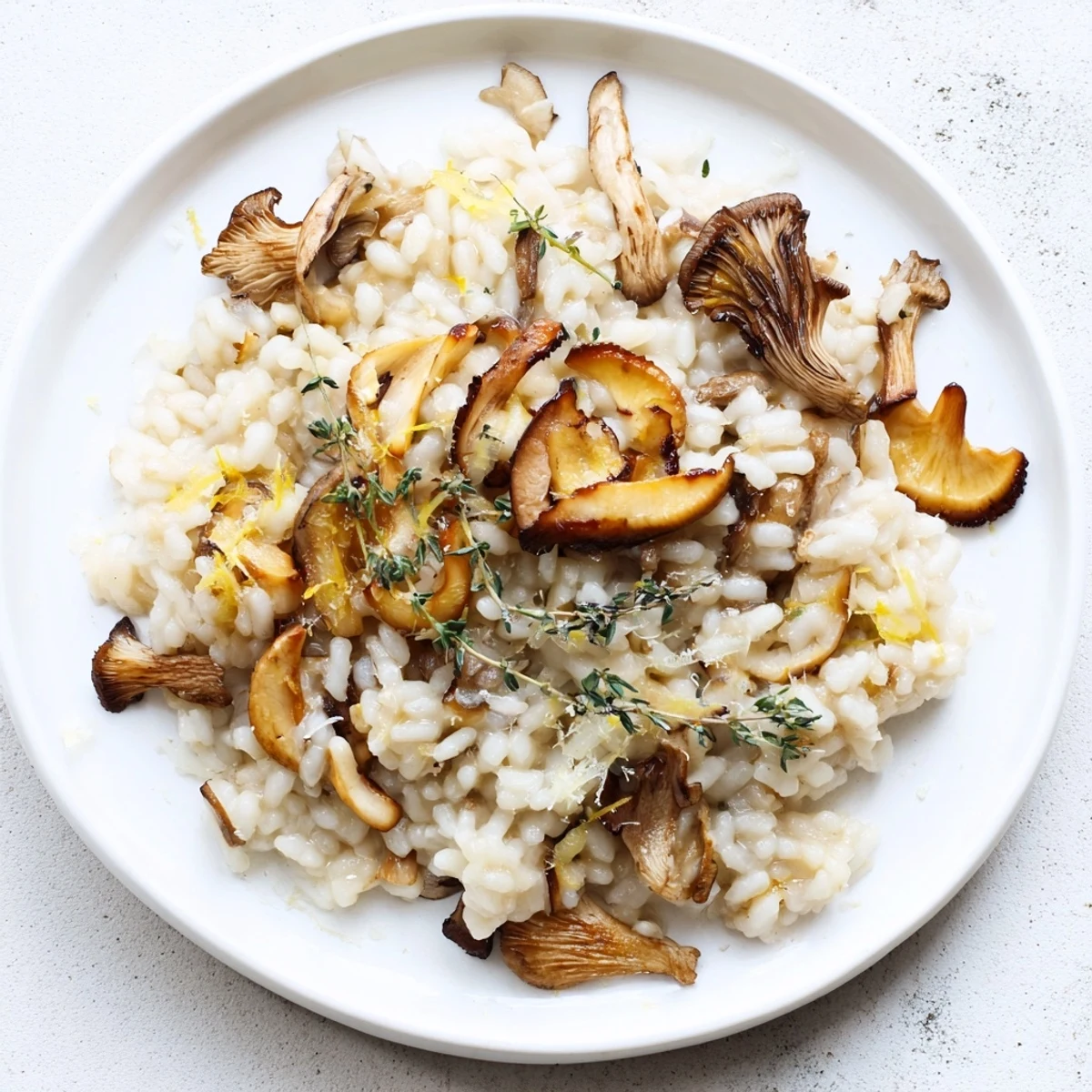 Close-up of creamy Cedar-Warm Mushroom and Thyme Risotto, fragranced by cedar, perfect for dinner.