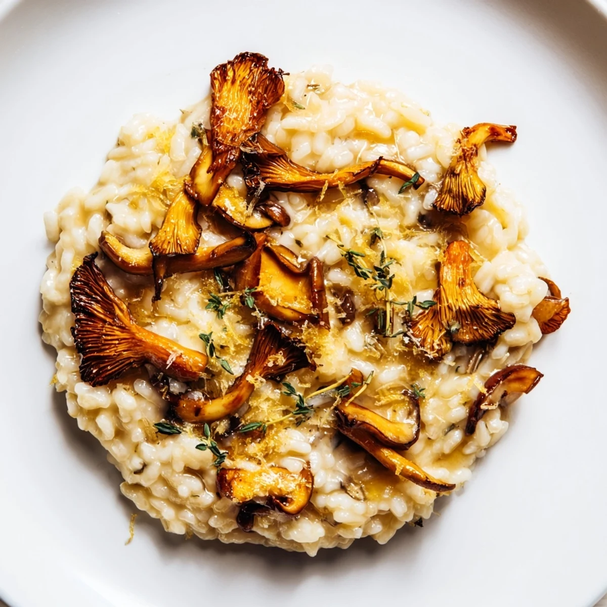 A steaming bowl of Cedar-Warm Mushroom and Thyme Risotto, with visible mushrooms and Parmesan.