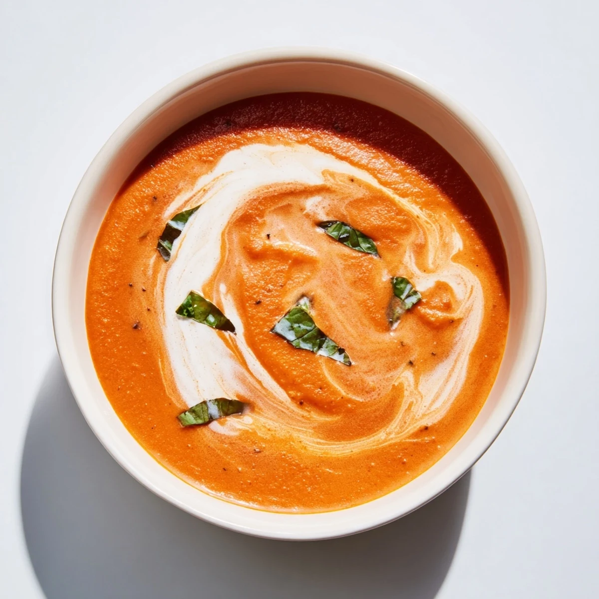 A close-up of a smooth, vibrant Whisked Weeknight Creamy Tomato and Basil Soup ready to serve.