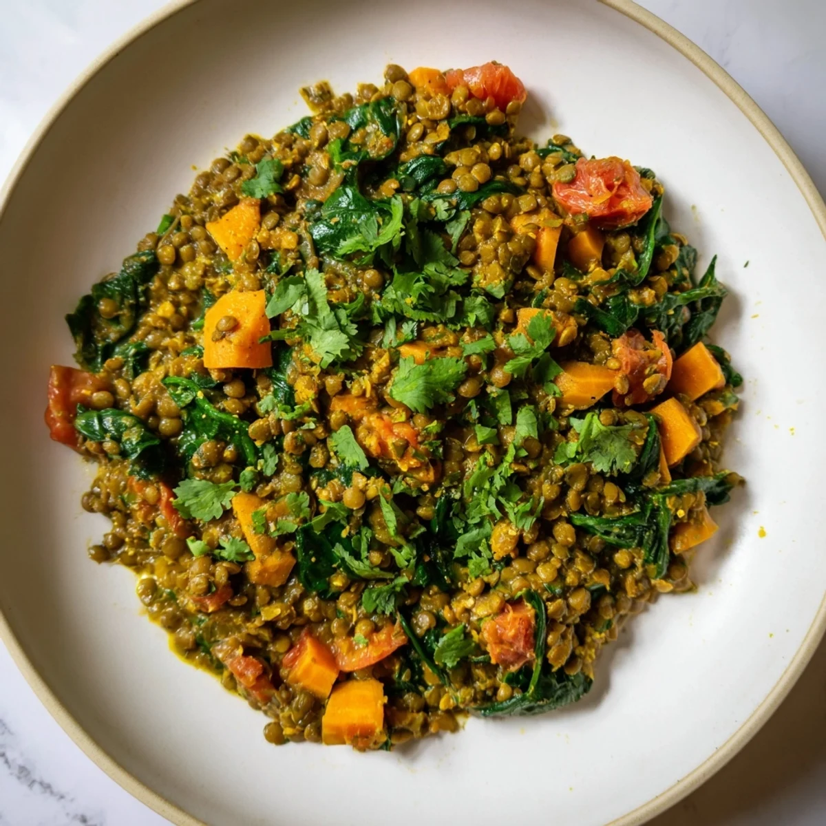 Steaming bowl of Lentil and Spinach Curry, garnished with fresh cilantro, ready for a comforting meal.