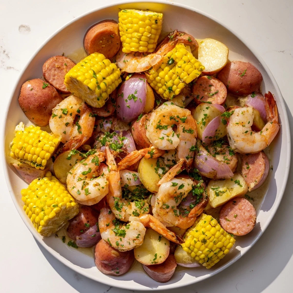 Steaming pot of Seaside-Inspired Shrimp Boil revealing plump shrimp and vibrant corn ready to devour.