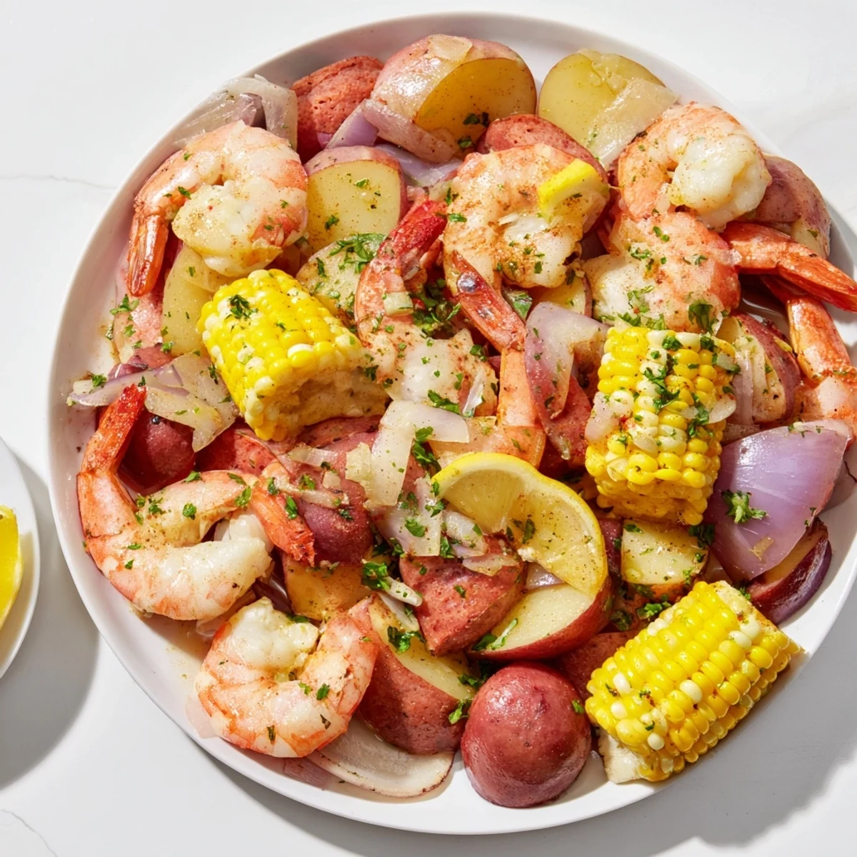 A single-pot Seaside-Inspired Shrimp Boil, featuring juicy shrimp and vegetables, perfect for sharing.