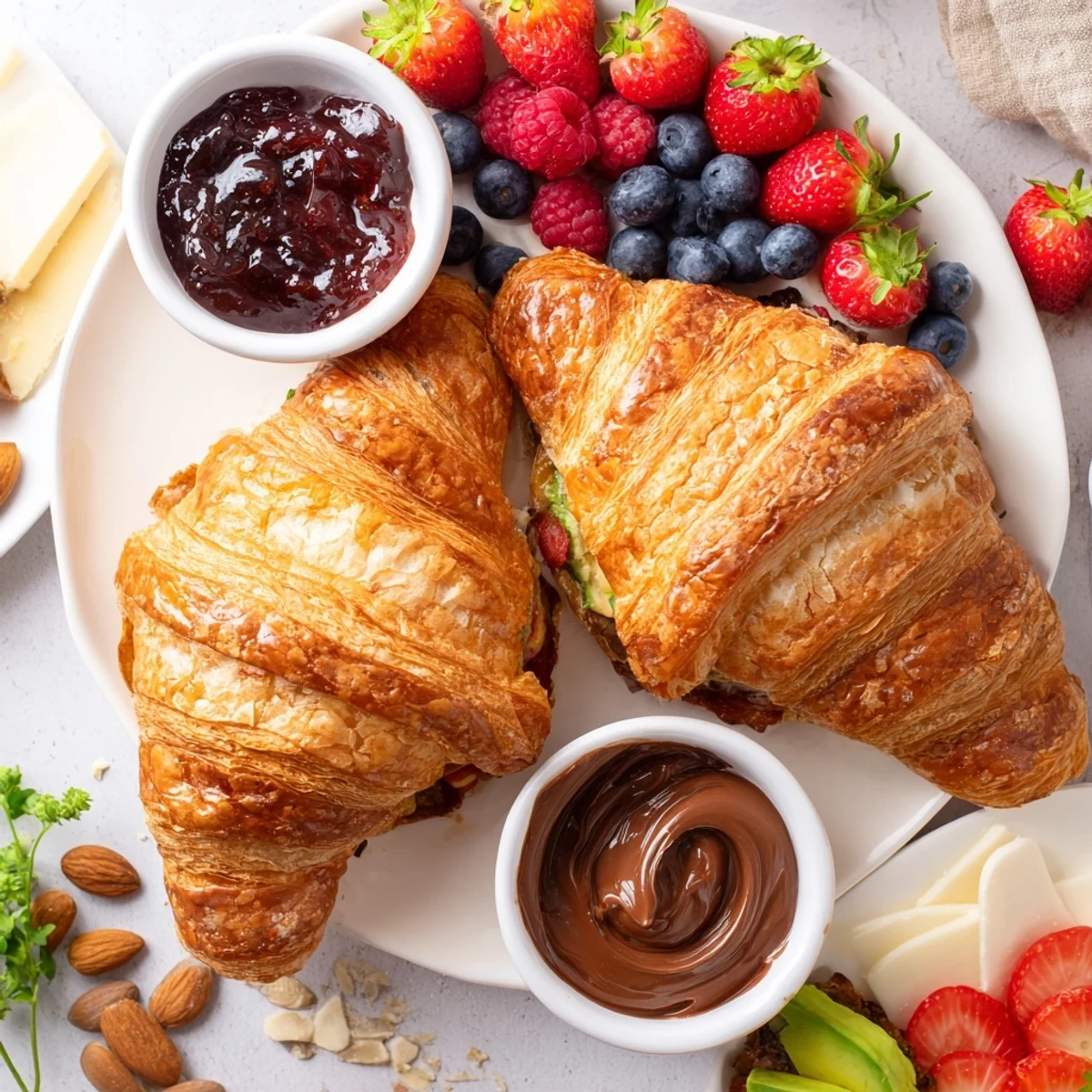 Golden, flaky croissants beautifully arranged on a Cozy Fireplace Croissant Board with vibrant berries and cheese.