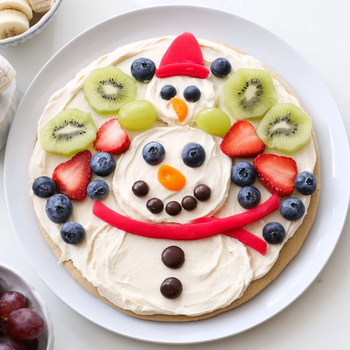 Sweet slices of Melting Snowman Fruit Pizza: a delicious sugar cookie base topped with cheerful snowmen.