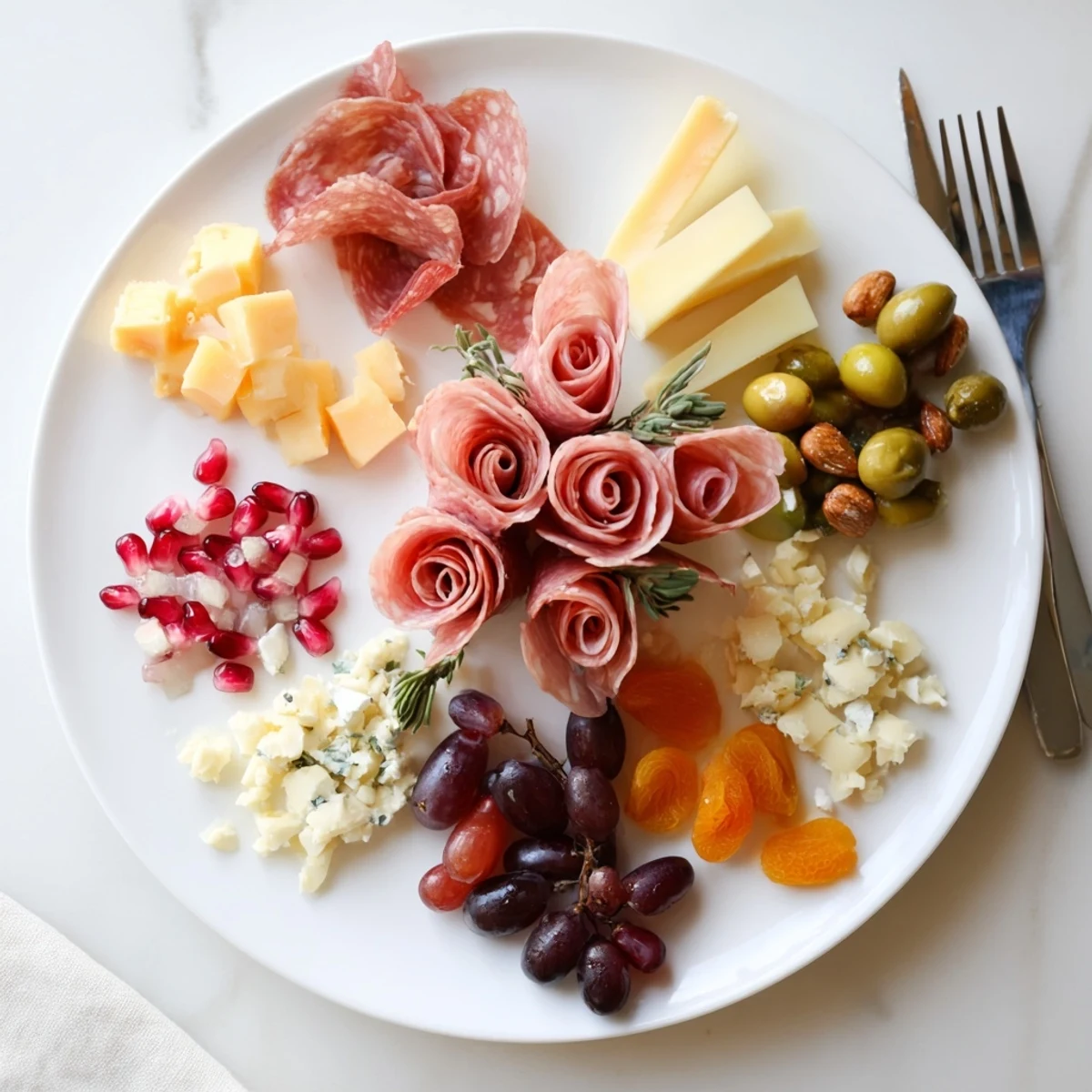 Elegant charcuterie meat rose bouquet on display, a delicious holiday appetizer.