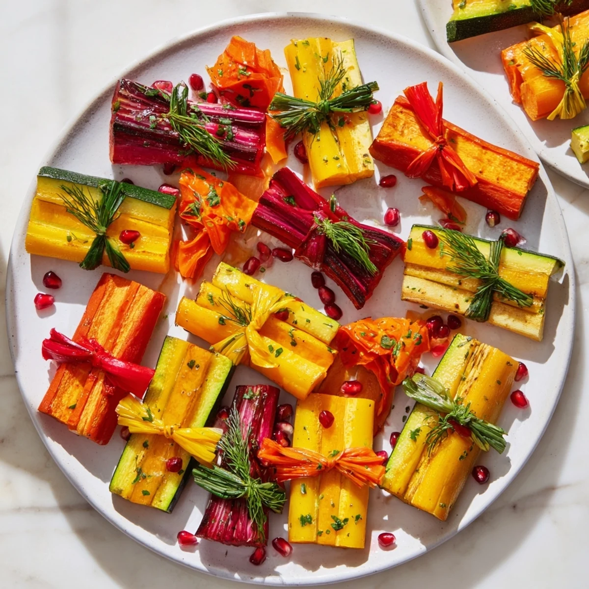 Freshly roasted, colorful Christmas Present Veggie Crates, ready to serve as a festive vegetarian side dish.