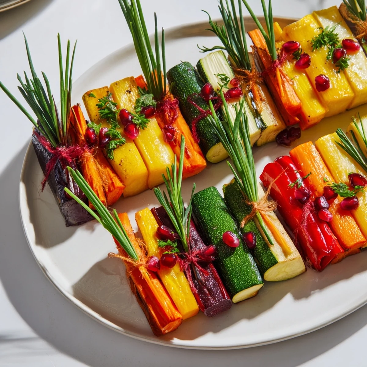 Vibrant Christmas Present Veggie Crates, roasted to perfection, filled with colorful vegetables, and tied with fresh chives.