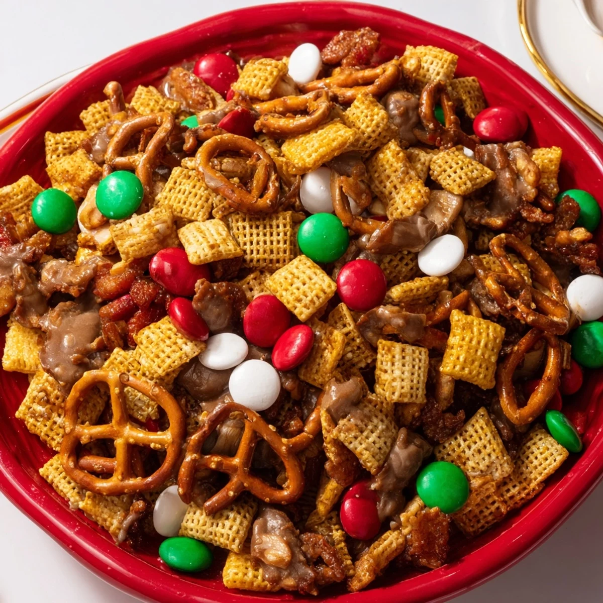 Warm, golden Holiday Mix fresh from the oven, offering a delightful blend of sweet and savory tastes.