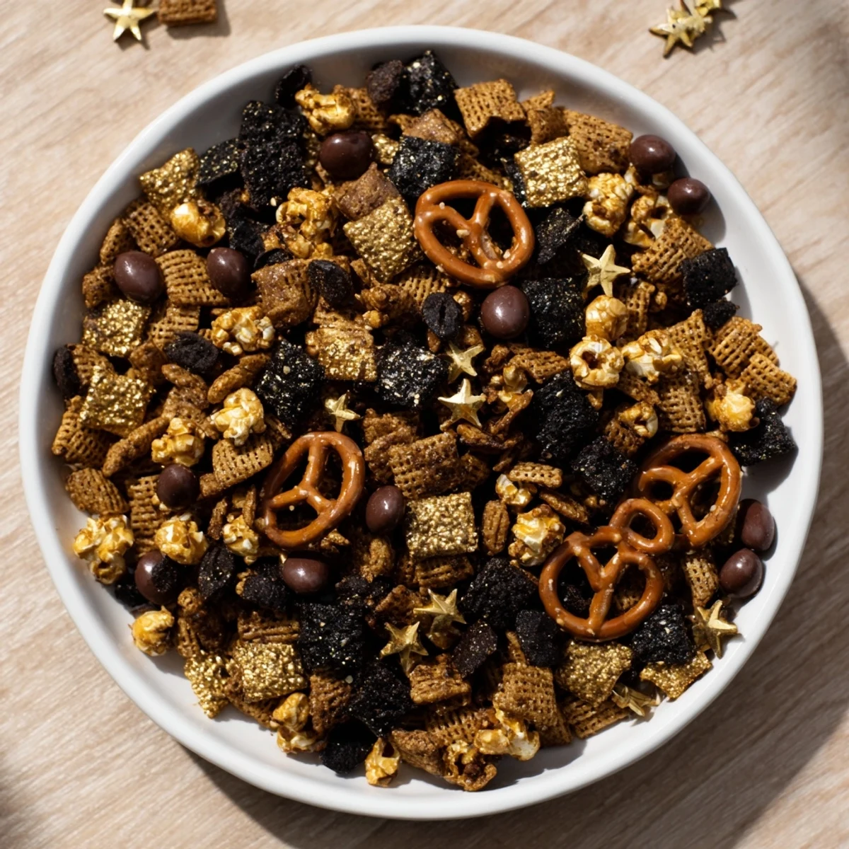Golden and Black Midnight Snack Mix with a crispy exterior and chocolate chips glistening.