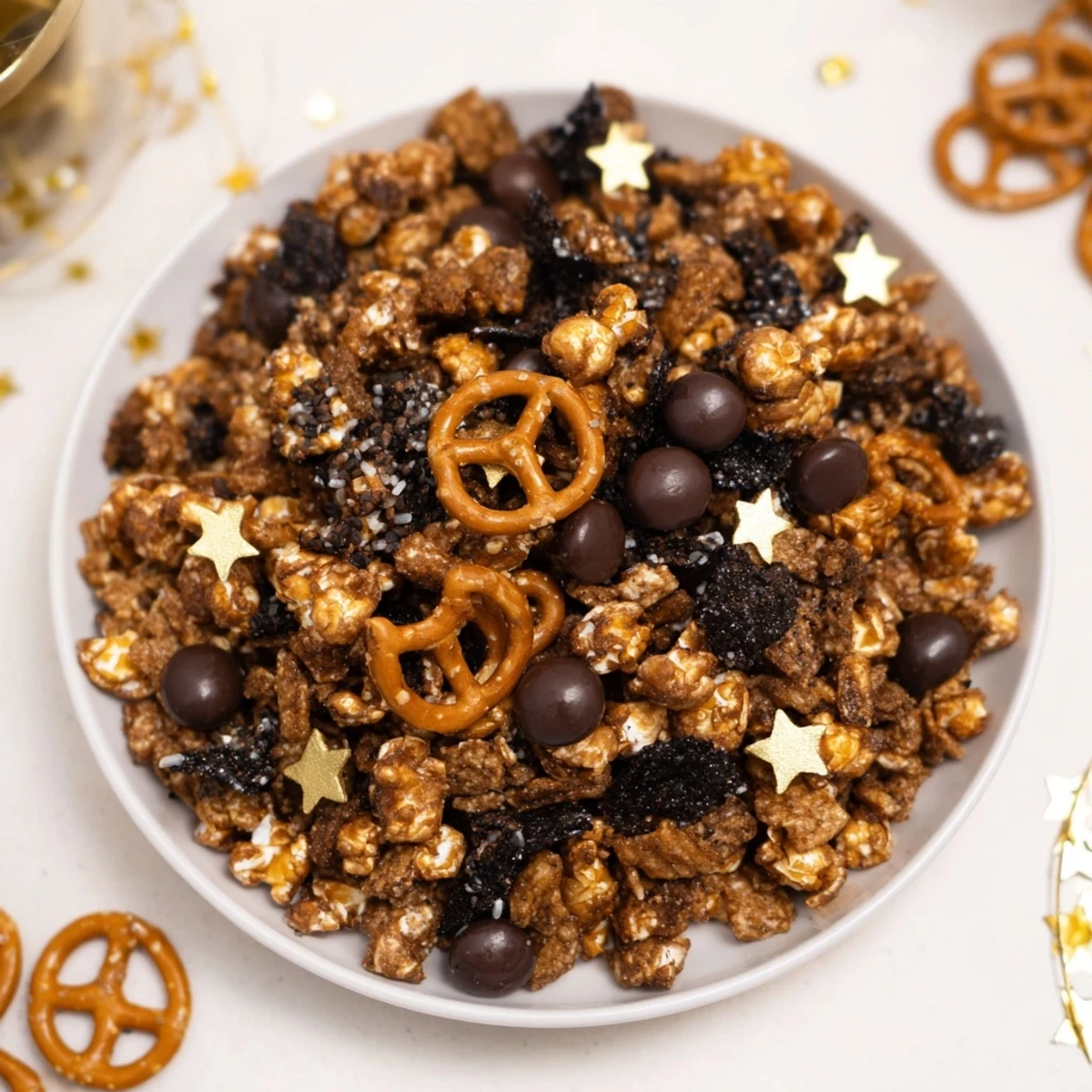 Easy to make Gold & Black Midnight Snack Mix; the perfect crunchy snack for a New Year's party.