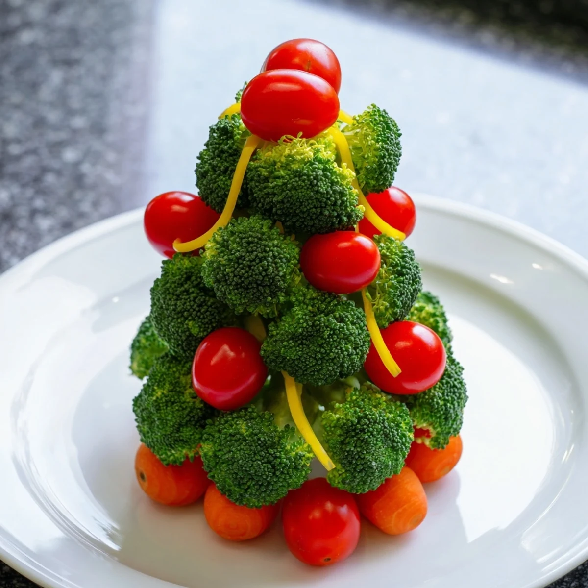 Fresh broccoli tree with cherry tomato ornaments, a festive and healthy holiday appetizer idea.