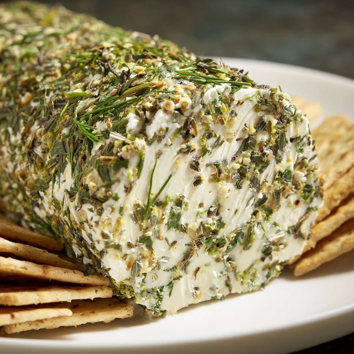 Herb-Coated Cheese Log, a vibrant appetizer ringed by crackers, ready to be enjoyed.