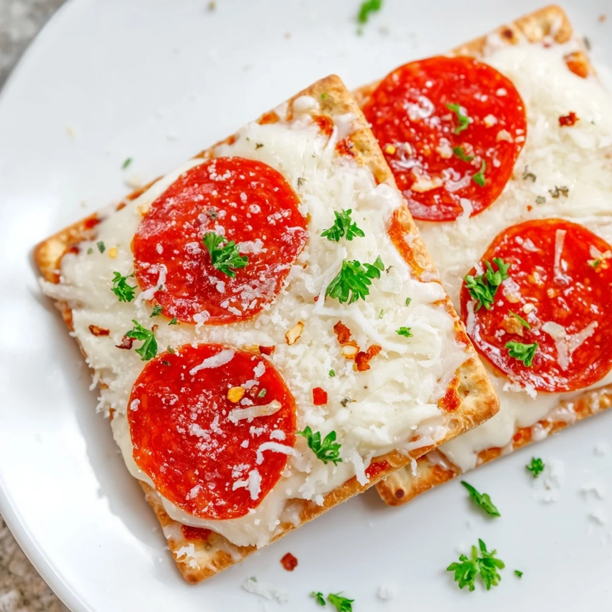 Warm, melty cheese over pepperoni on crisp crackers: a delicious Savory Bites appetizer.