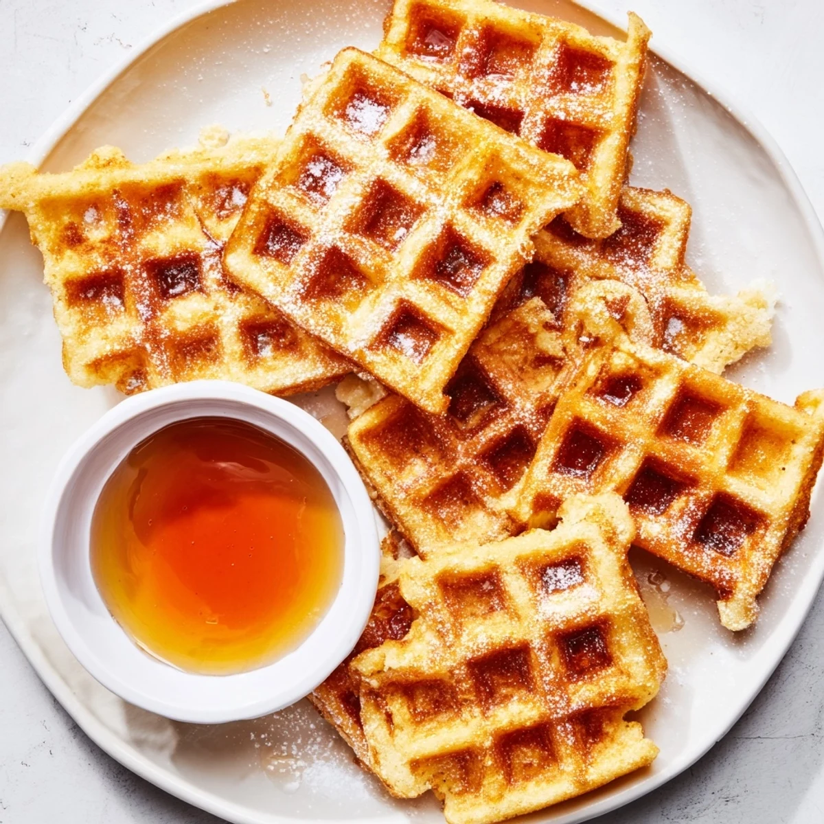 Golden-brown waffle quarters, perfect for dipping, accompanied by a sweet maple syrup bowl.