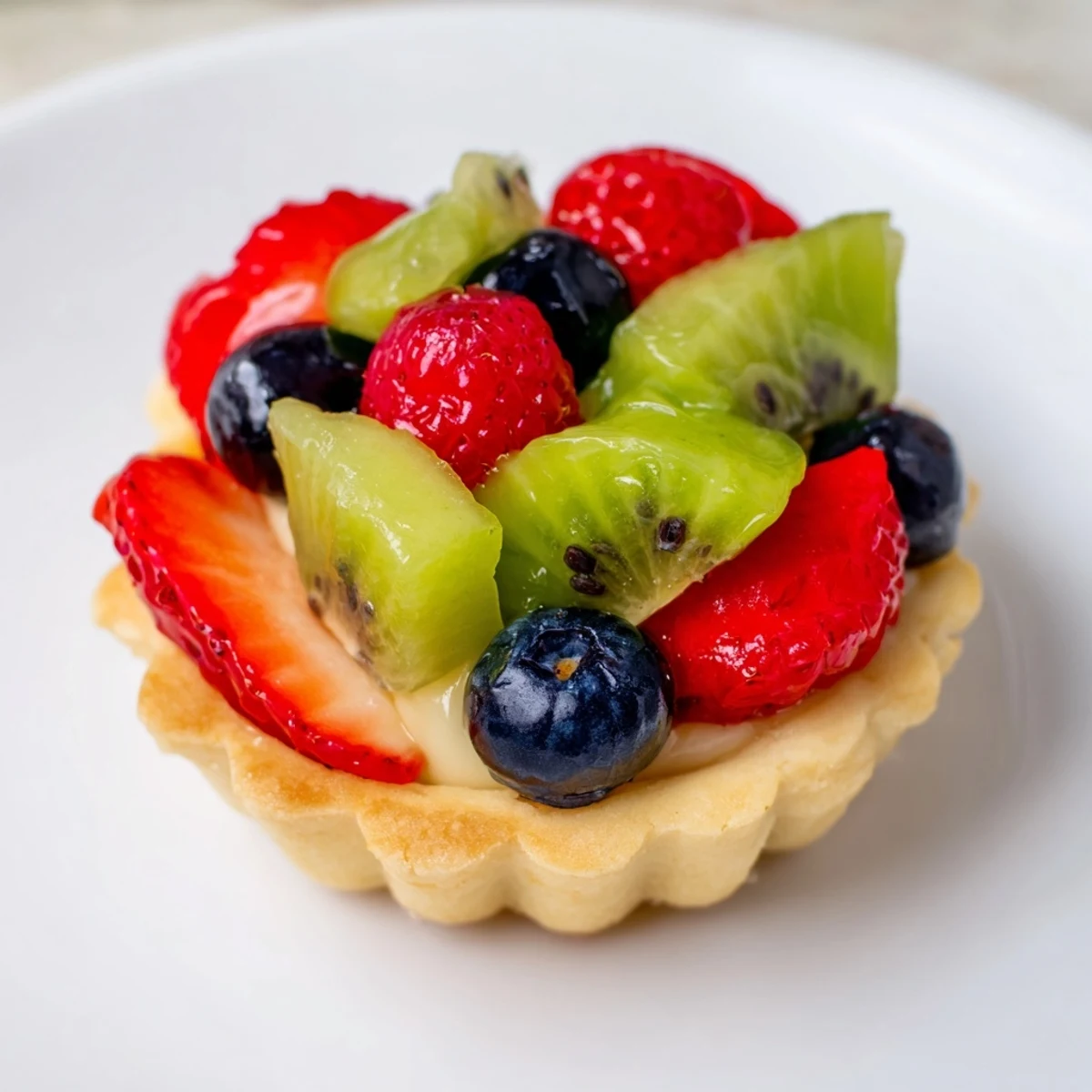 Freshly baked mini fruit tartlets in a circle arrangement, featuring a colorful display of summer fruits for dessert.