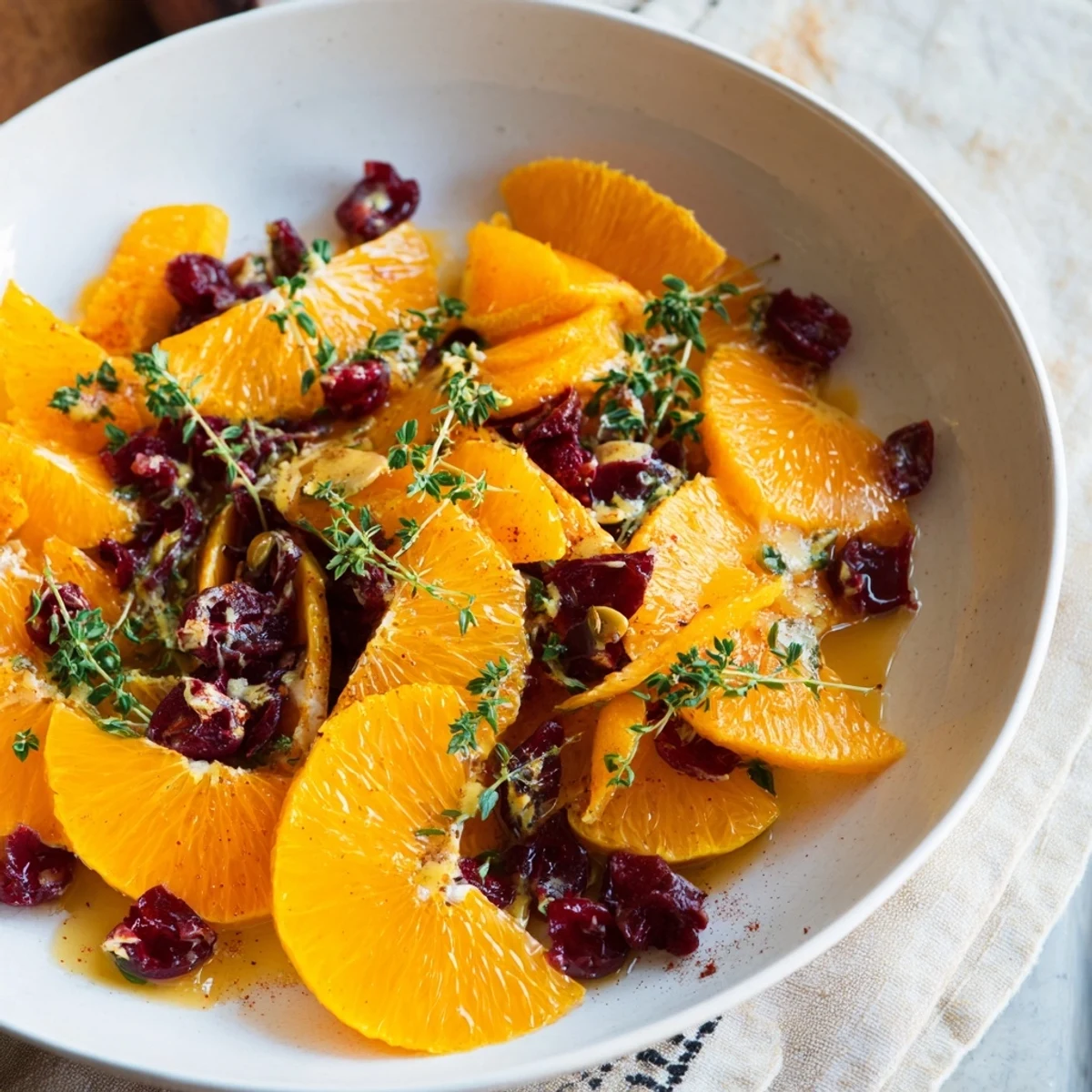 Bright orange slices and tart cranberries shimmer in this winter fruit salad, a refreshing side.