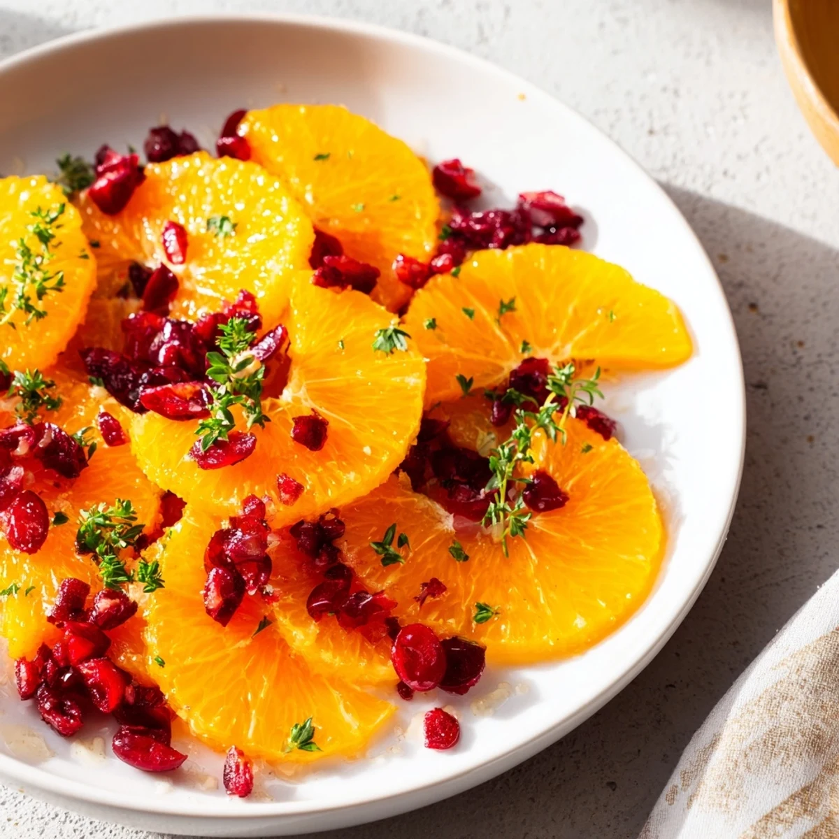Colorful winter fruit salad: juicy orange slices and ruby cranberries, drizzled with honey-lime dressing.