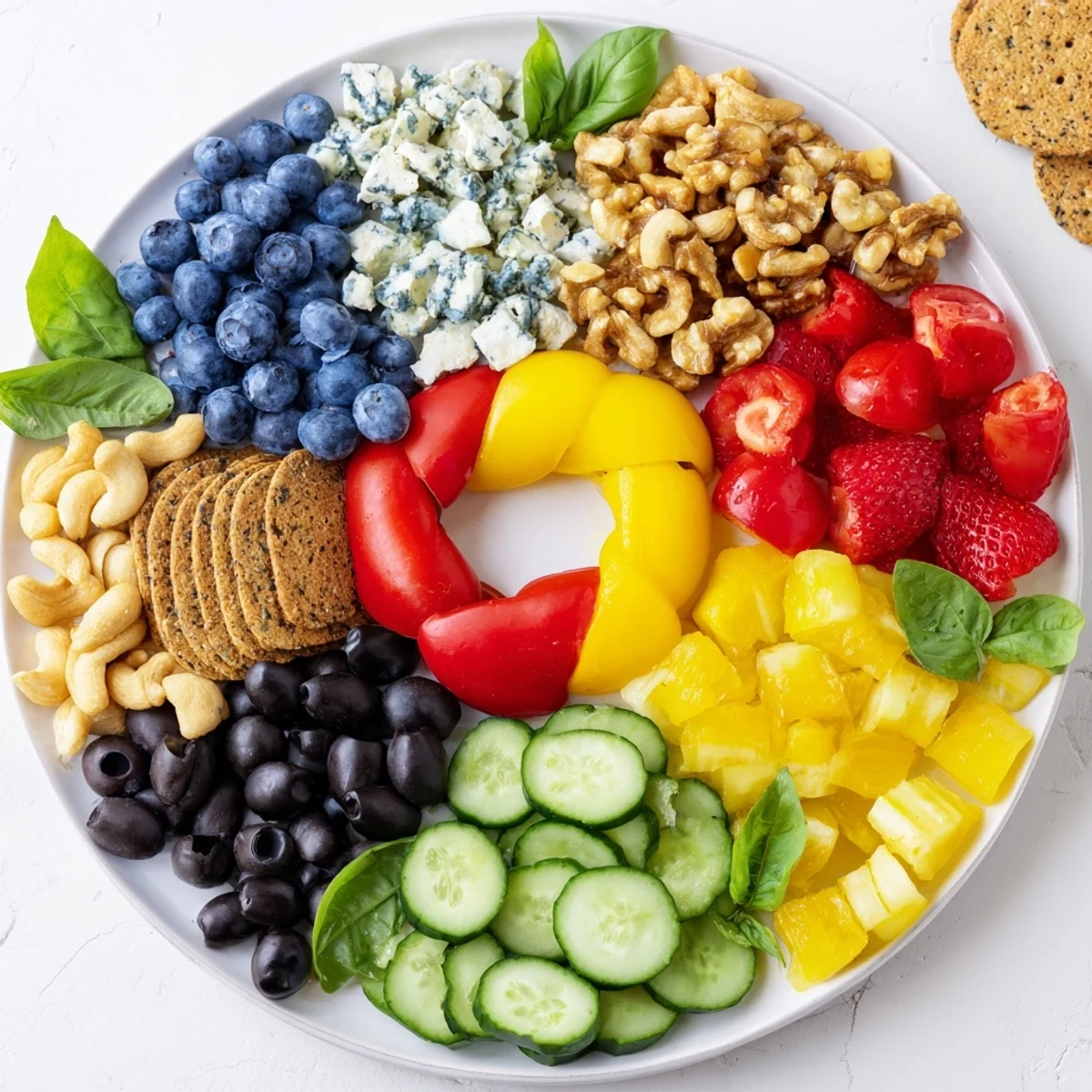 Vibrant Olympic Rings appetizer platter with fresh blueberries, perfect for your party guests.