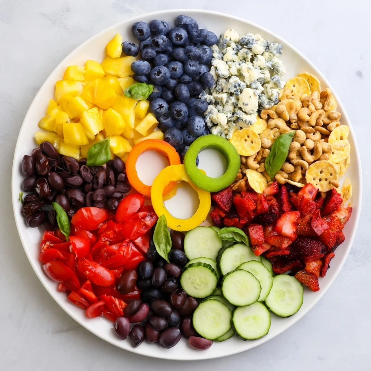 Colorful The Olympic Rings platter with fresh fruit and vegetables, a flavorful and fun snack.