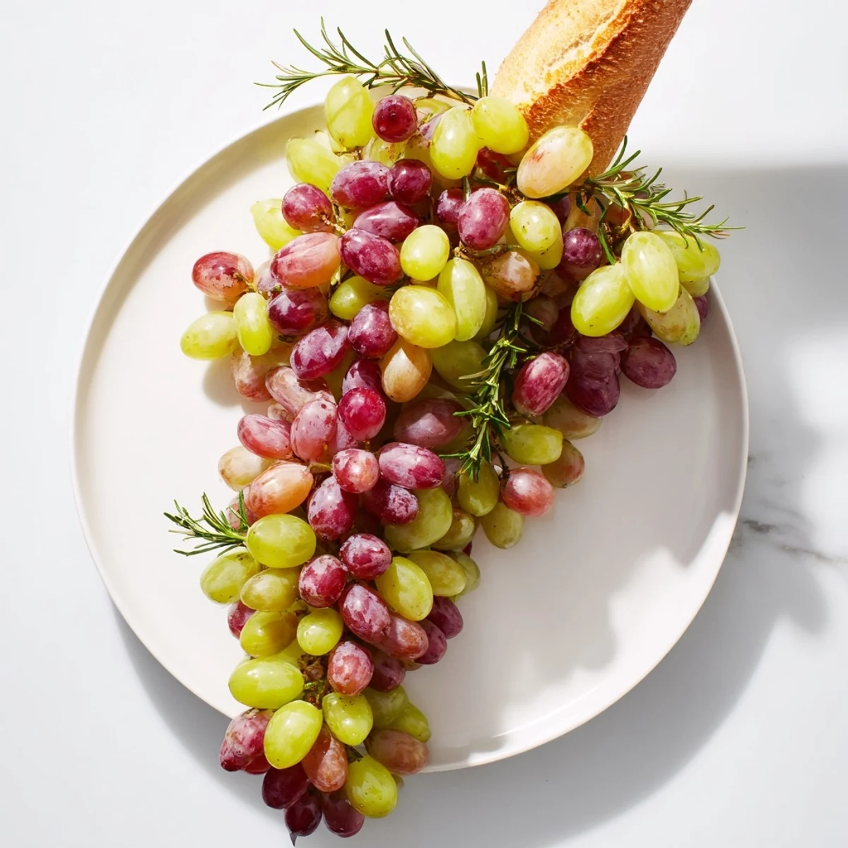Fresh, juicy vineyard grape cluster appetizer arranged beautifully with a rustic bread stem for sharing.