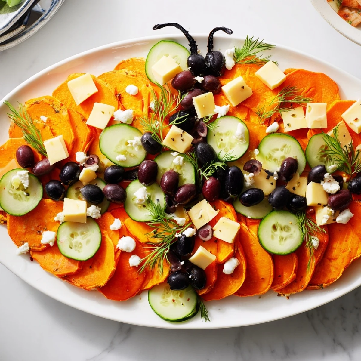 Eye-catching Monarch Butterfly Wings appetizer, featuring a rainbow of ingredients artfully displayed on a platter.