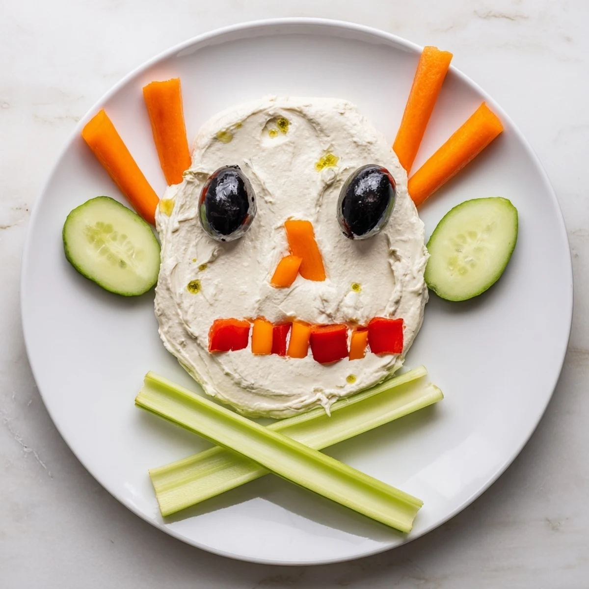 Rich and creamy Skull & Bones Spooky Spread, artfully crafted with veggies; a spooky edible skull.