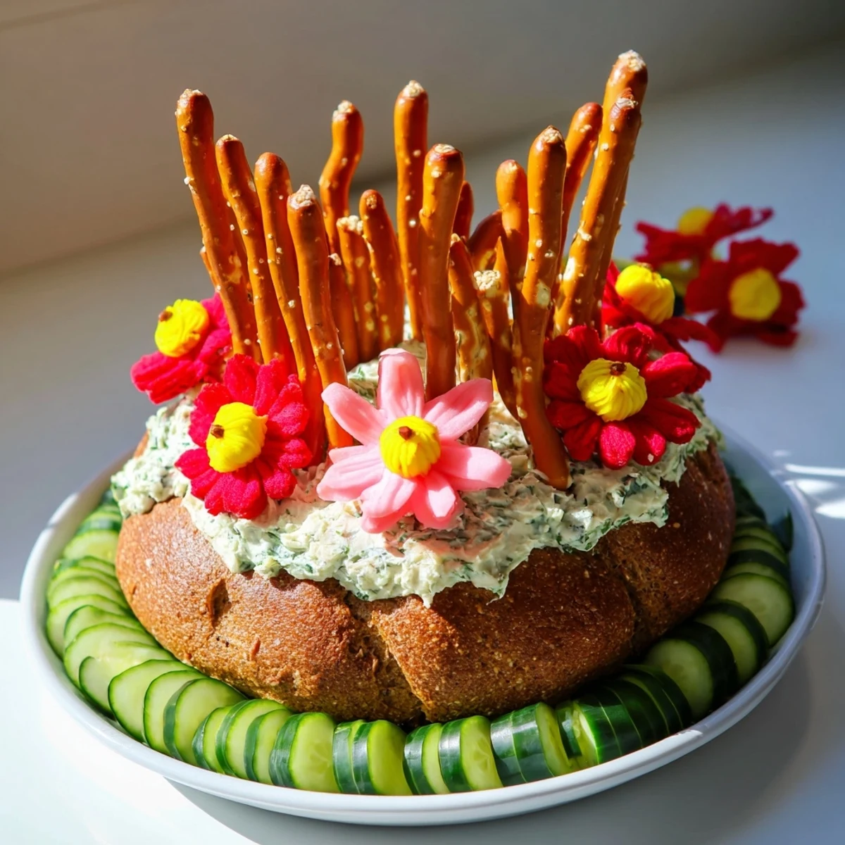 The Desert Cactus Bloom appetizer, featuring a creamy bread base with salty pretzel needles and fruity flowers.