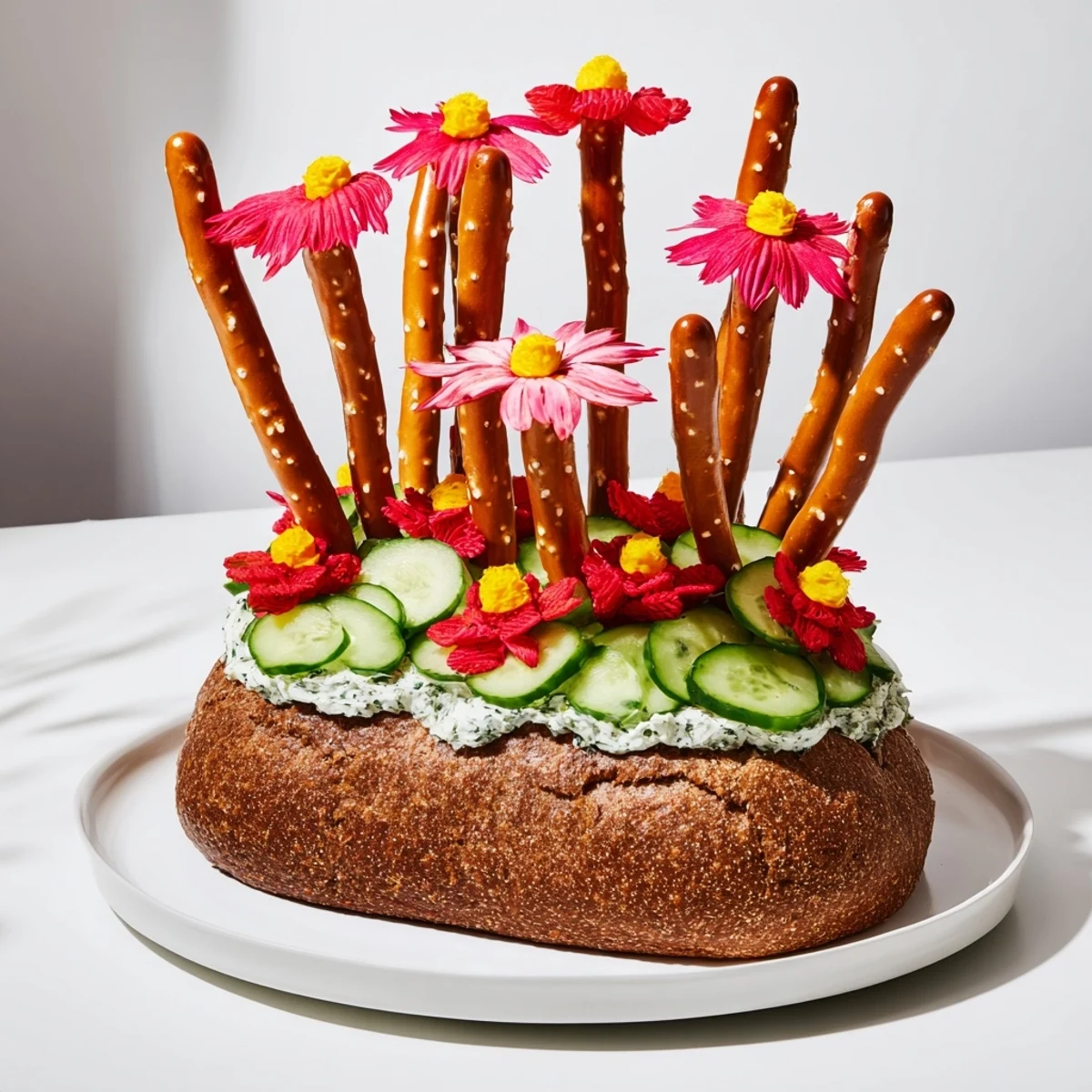 Vibrant red and yellow fruit leather blooms atop the savory Desert Cactus Bloom appetizer made with pretzels.