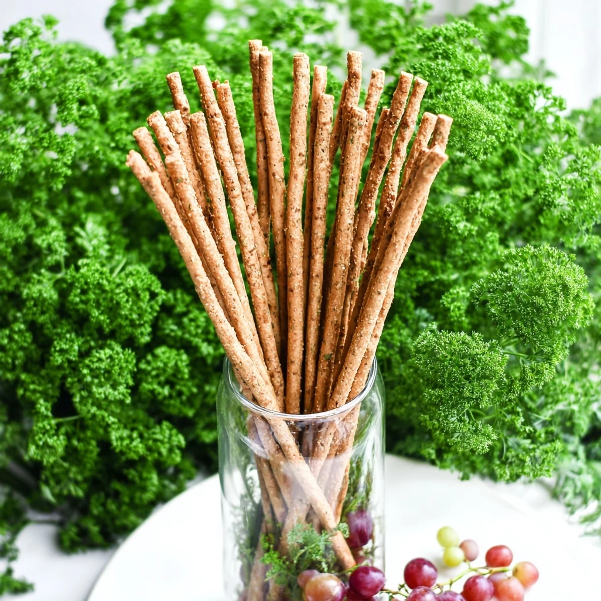 Crisp The Vertical Forest appetizer with tall breadsticks, parsley "bushes," and colorful grape clusters ready for nibbling.