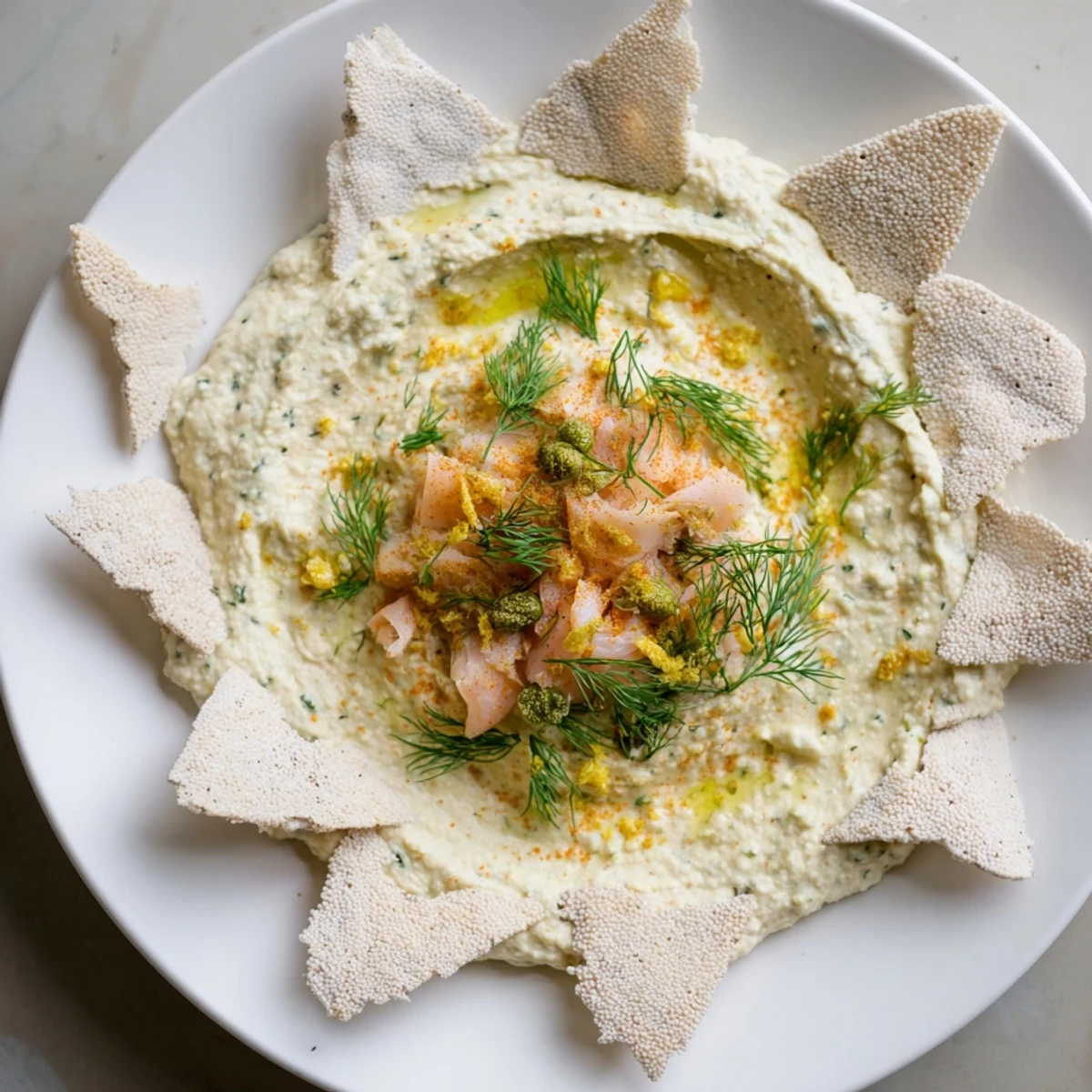 The Driftwood Beach appetizer, with flaky smoked fish, served on creamy hummus like a coastal scene.
